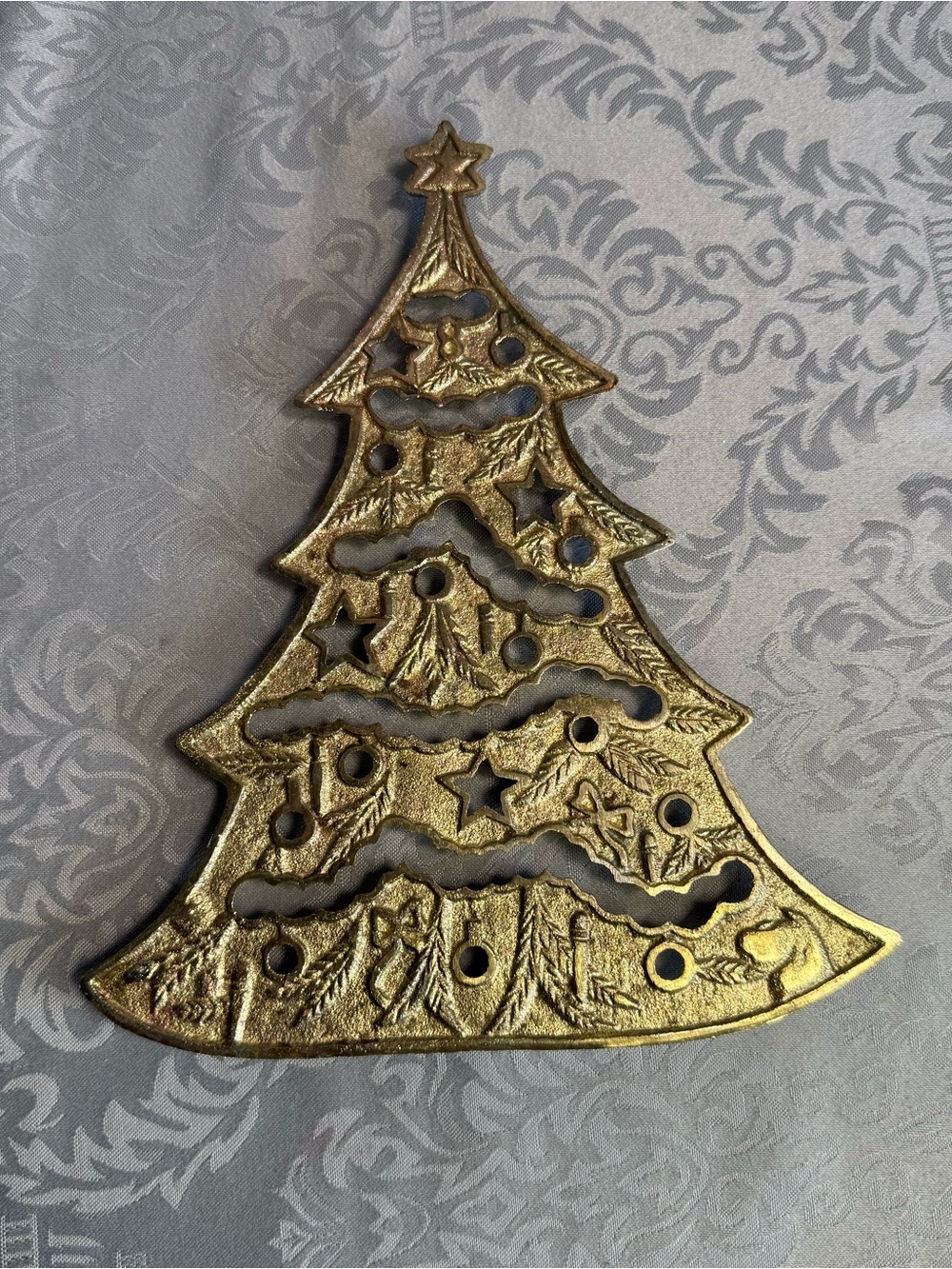 Vintage Brass Painted Christmas Tree Trivet Hot Plate Pad 8.5”